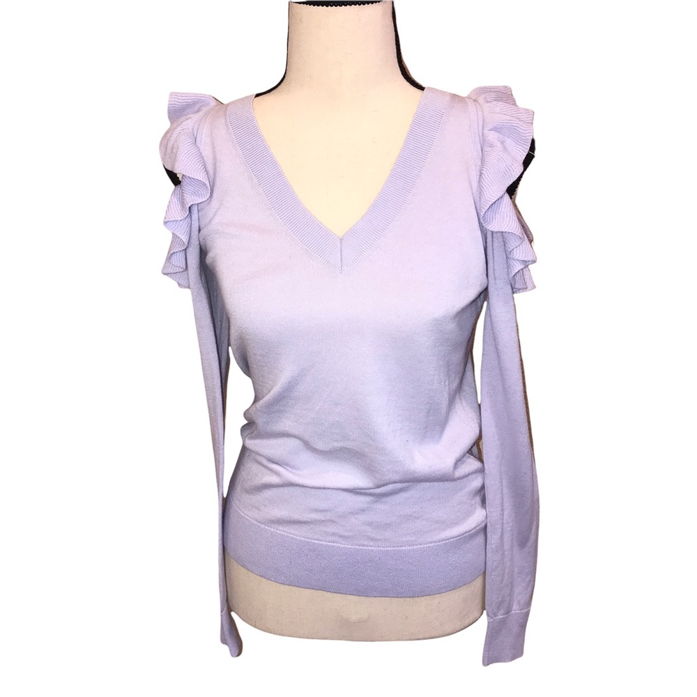 Michael Michael Kors Lavender Sweater V Neck Shoulder Cutout Ruffle Sz XXS